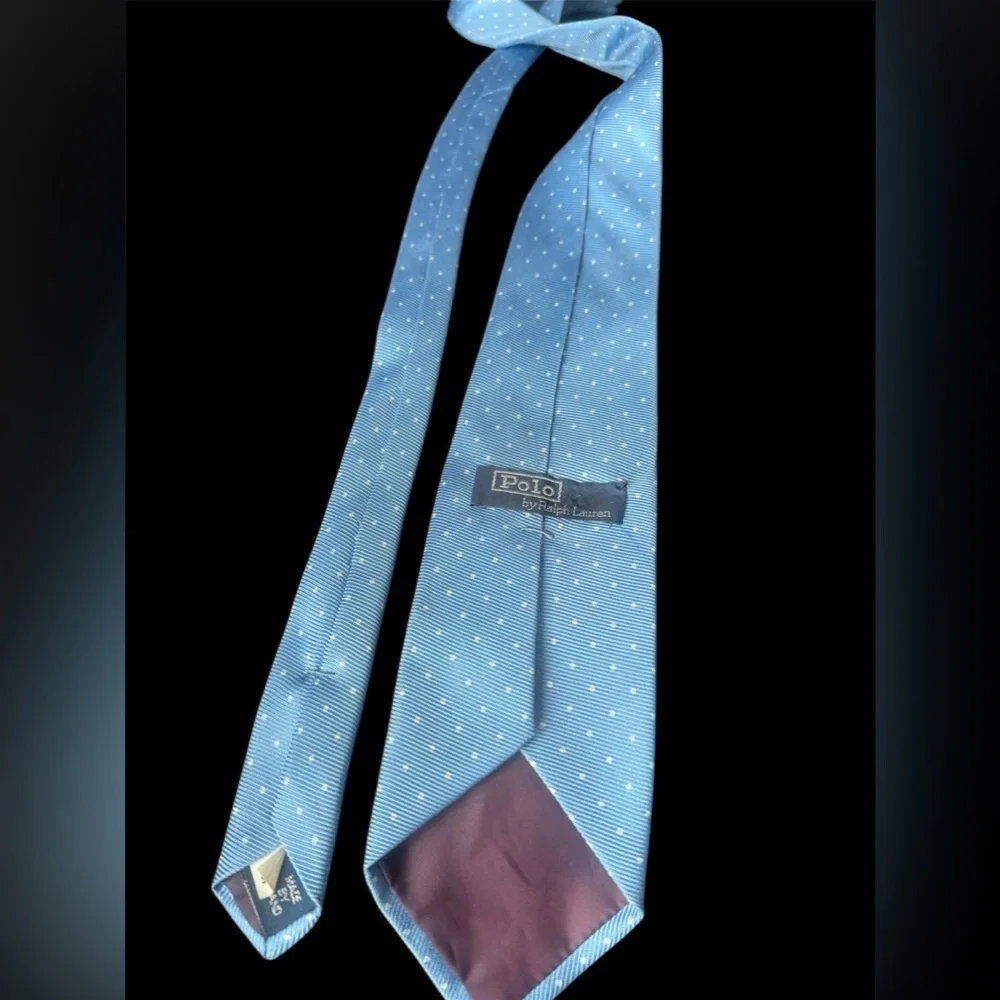 Vintage Polo Ralph Lauren Hand Made Silk Tie Blue / Silver Polka Dot